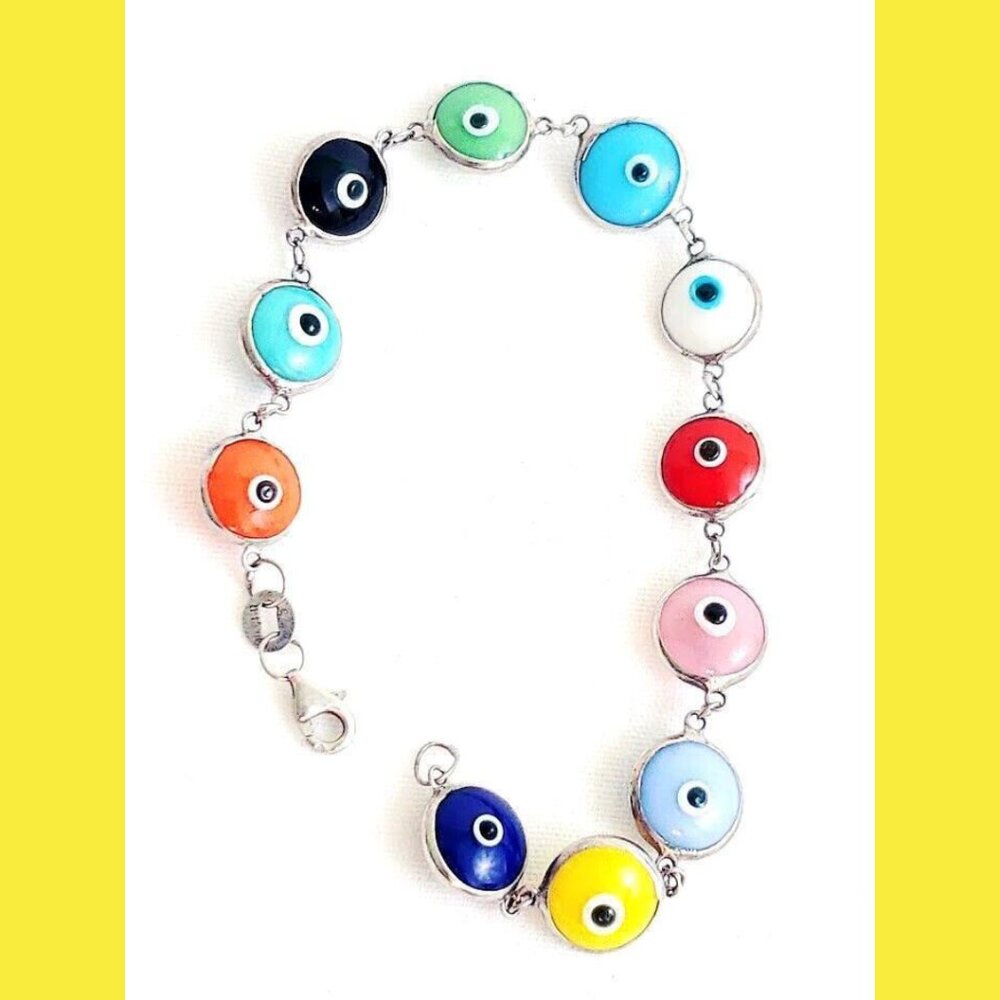 Vintage Lucky Evil Eye Protection Multicolor Glass Sterling Silver Bracelet